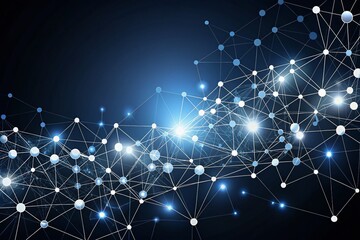 Fototapeta premium Elegant Molecular Network of White Dots Connected by Glowing Lines on a Black Background, Perfect for Scientific and Technology Themes with Copy Space for Custom Text