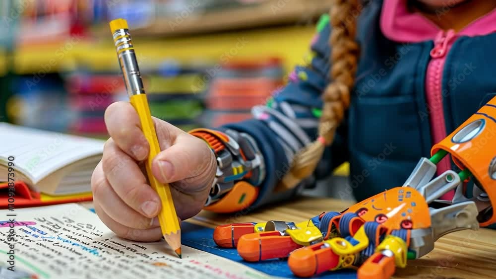 Poster in a vibrant classroom, a child uses a bright orange prosthetic hand to write with a pencil. the sur