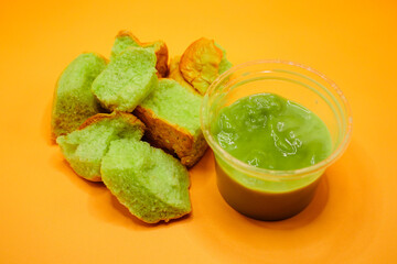 Bread, Custard, a Thai dessert on a yellow background.