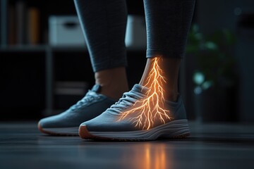 Depiction of nerve pain and fatigue: a person with exhausted legs, showing physical strain of nerve pain, focusing on discomfort and heaviness that comes with persistent aching in the lower body.