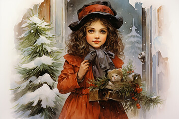 little dark-haired girl in a red coat with a small Christmas tree in her hands, retro style, watercolor,  
