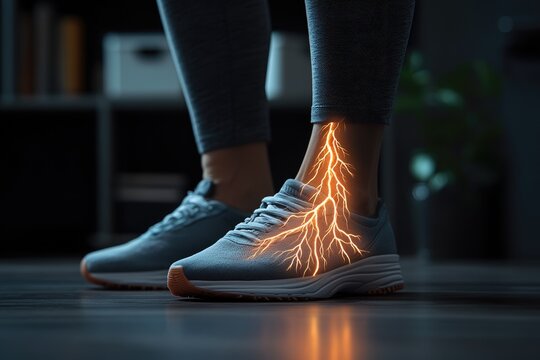 Depiction of nerve pain and fatigue: a person with exhausted legs, showing physical strain of nerve pain, focusing on discomfort and heaviness that comes with persistent aching in the lower body.