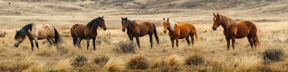 Fototapeta premium Way of the West: Four horses graze peacefully in a field, their muscular forms and flowing manes reflecting their wild spirit.