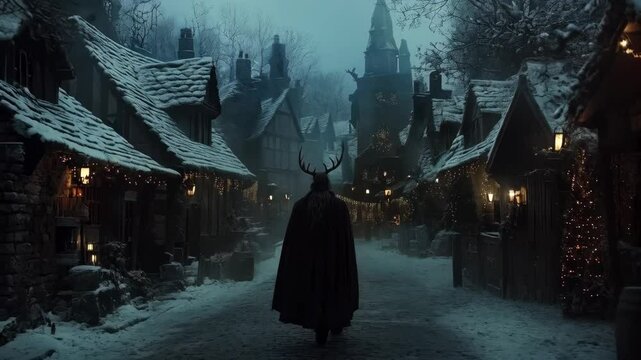 Krampus with goat horns in night winter city. Traditional Christmas devil, Yule lord. Character of European folklore. Saint Nicholas Day, Halloween, Yule, pagan New Year