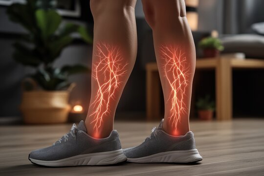 Depiction of nerve pain and fatigue: a person with exhausted legs, showing physical strain of nerve pain, focusing on discomfort and heaviness that comes with persistent aching in the lower body.