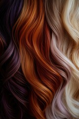 Fototapeta premium Close-up of beautiful, wavy hair in various shades including deep purple, copper, and blonde, showcasing the vibrant colors and textures of hair.