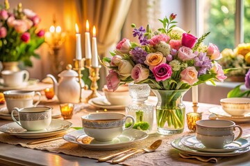 Elegant Table Setting with Nameplate for a Gourmet Dining Experience Featuring Fine China, Fresh Flowers, and Sophisticated Tableware in a Cozy Ambiance