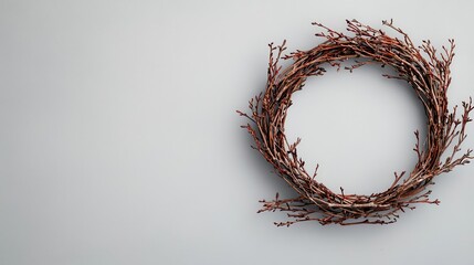 Fototapeta premium Clean and modern wreath made of thin birch branches, isolated on plain background, Christmas wreath, contemporary holiday decor