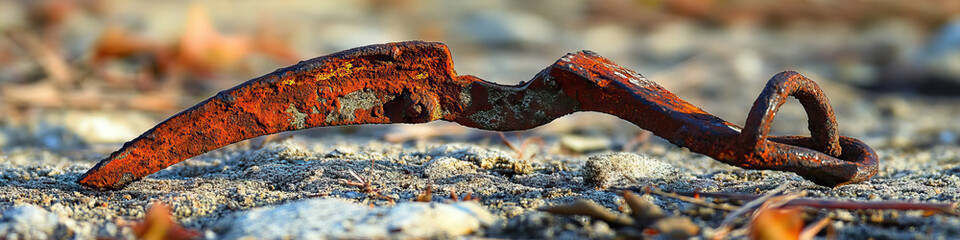 Fototapeta premium Rusted Spur: A rusted spur lies forgotten on the ground, its once gleaming metal now tarnished and worn, reminiscent of days gone by.