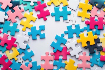Colorful puzzle pieces scattered on a white background, creating a playful and creative atmosphere. Perfect for design and problem-solving concepts.