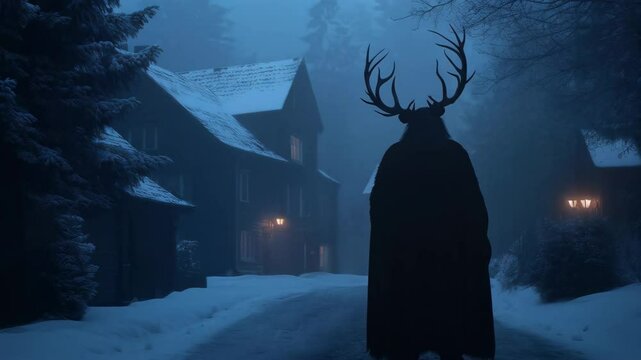 Krampus with goat horns in night winter city. Traditional Christmas devil, Yule lord. Character of European folklore. Saint Nicholas Day, Halloween, Yule, pagan New Year