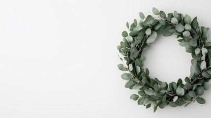 Clean, modern wreath made of silver eucalyptus, isolated on plain white, Christmas wreath, minimalist holiday style