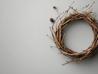 Bare twig wreath in a circular shape with no decoration, isolated, Christmas wreath, minimal rustic decor