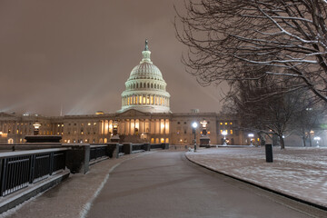 Washington DC Congress Capitol in winter. American Capitol Building in snow. Washington city...