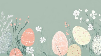 Pastel floral Easter design featuring sketched eggs and flowers on a muted green background for spring celebrations