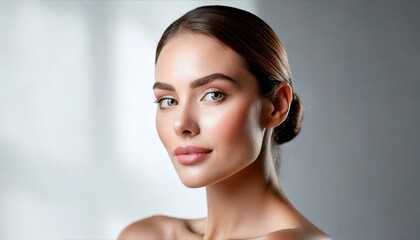 Naklejka premium Young and Beautiful woman with clear skin, natural make-up, Skincare and facial treatment concept