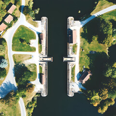 saint-baudelle lock or weir, mayenne river, france. aerial top down forward highlighted by white, png