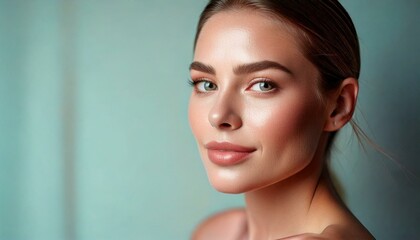 Naklejka premium Young and Beautiful woman with clear skin, natural make-up, Skincare and facial treatment concept