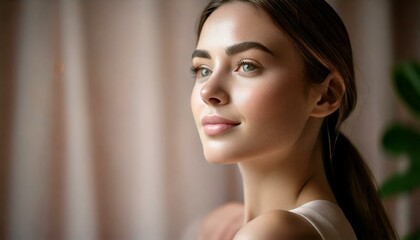 Naklejka premium Young and Beautiful woman with clear skin, natural make-up, Skincare and facial treatment concept