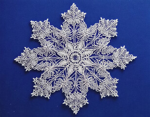 White Crocheted Snowflake on Royal Blue Background AI