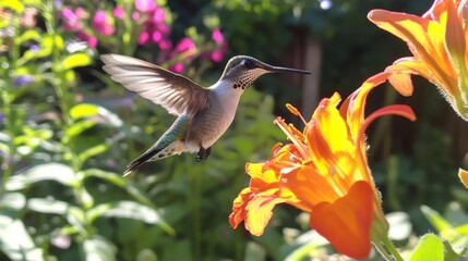 Obraz premium Iridescent hummingbird effortlessly hovering near vibrant flower in a sunny garden