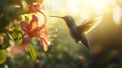 Obraz premium Hummingbird hovers gracefully next to vibrant flower in the warm glow of sunlight