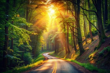 Obraz premium Enchanted Journey: A Vintage Style Photograph of a Lonely Magical Road Through a Sunlit Forest, Inviting Exploration and Wonder in Nature’s Embrace