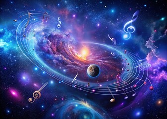 Enchanted Music Notes Floating in a Cosmic Galaxy: A Mesmerizing Drone Photography Experience of Musical Harmony Amidst Celestial Wonders