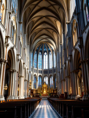 The interior of a grand cathedral with stained glass windows, high vaulted ceilings, and ornate wooden pews