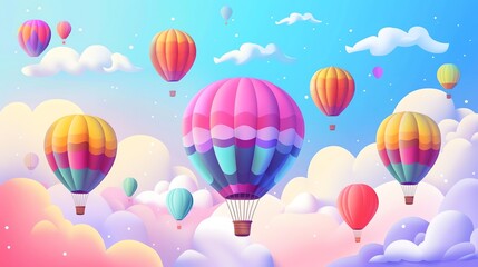 A cartoon illustration of hot air balloons in the sky with fluffy clouds.