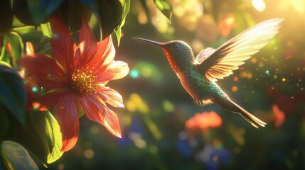 Obraz premium Colorful hummingbird hovers near vibrant flower, showcasing iridescent feathers under sunlight