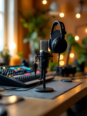 A podcast studio setup featuring a microphone, headphones, and soundboard on a wooden desk with cozy lighting.
