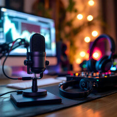 A podcast studio setup featuring a microphone, headphones, and soundboard on a wooden desk with cozy lighting.