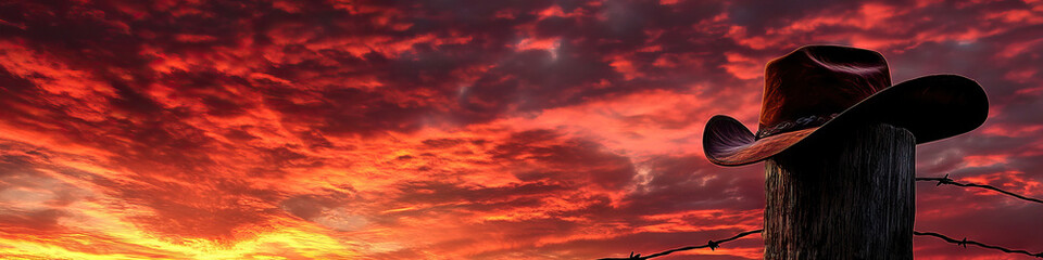 Fototapeta premium Blazing Sunset: Vivid colors streak across the sky as the sun dips below the horizon, casting a warm glow over a cowboy hat on a fence post.