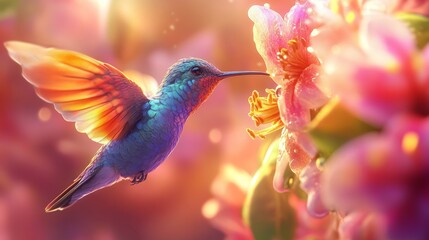 Obraz premium Colorful hummingbird hovers next to vibrant flower, showcasing iridescent feathers in warm sunlight