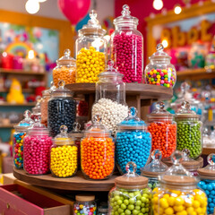 A vibrant showcase of colorful candy jars on a tiered display stand in a cheerful, well-lit background.