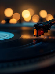 A close-up of a vinyl record spinning on a turntable, with soft-focus background lights creating a nostalgic vibe