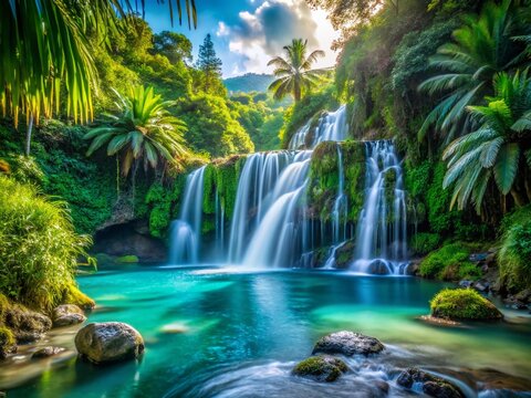 Enchanting Cascade Te Vaiuri in Afareaitu: A Serene Tropical Paradise Surrounded by Lush Greenery and Crystal Clear Waters, Perfect for Nature Lovers and Adventurers