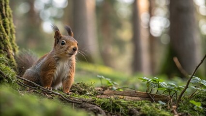 Fototapeta premium Forest squirrel looks directly at the camera, tree trunks, forest floor, sharp focus, wildlife photography, fur texture