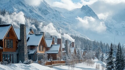 A line of winter cabins at a ski resort, smoke rising from chimneys, with snow-covered mountains in the background.