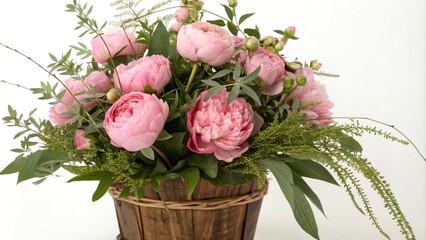 Obraz premium Fresh cut bunch of fresh pink peonies with lush green foliage and delicate rose stems arranged in a wooden vase or basket, vintage style, flower bouquet, pink peonies, fresh cut flowers