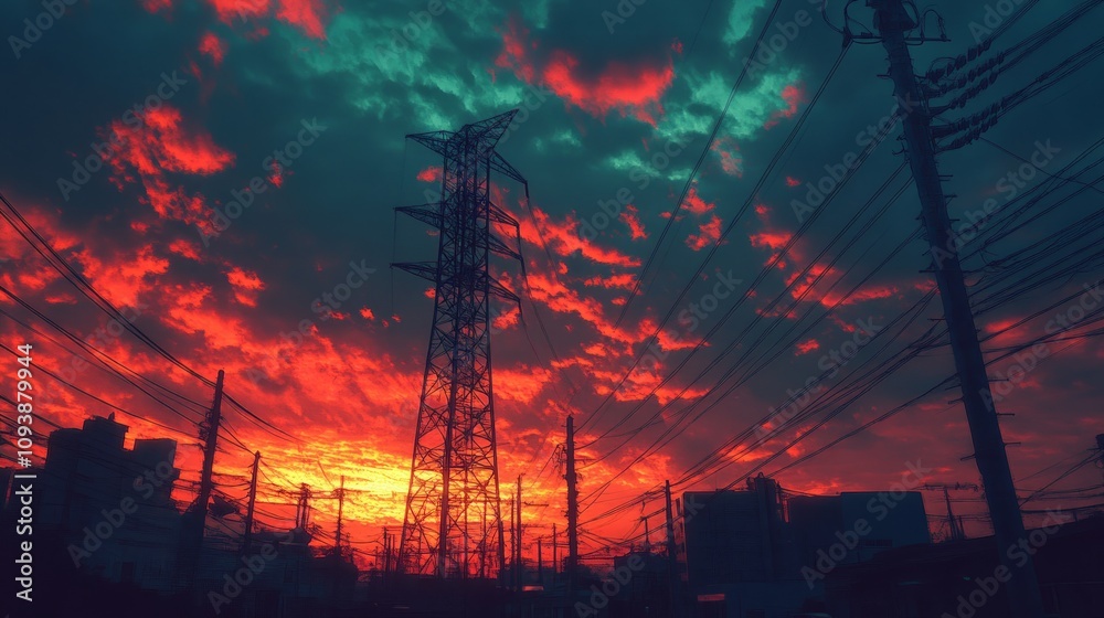 Wall mural Vibrant sunset sky over an industrial cityscape with power lines and buildings silhouetted against the fiery clouds.