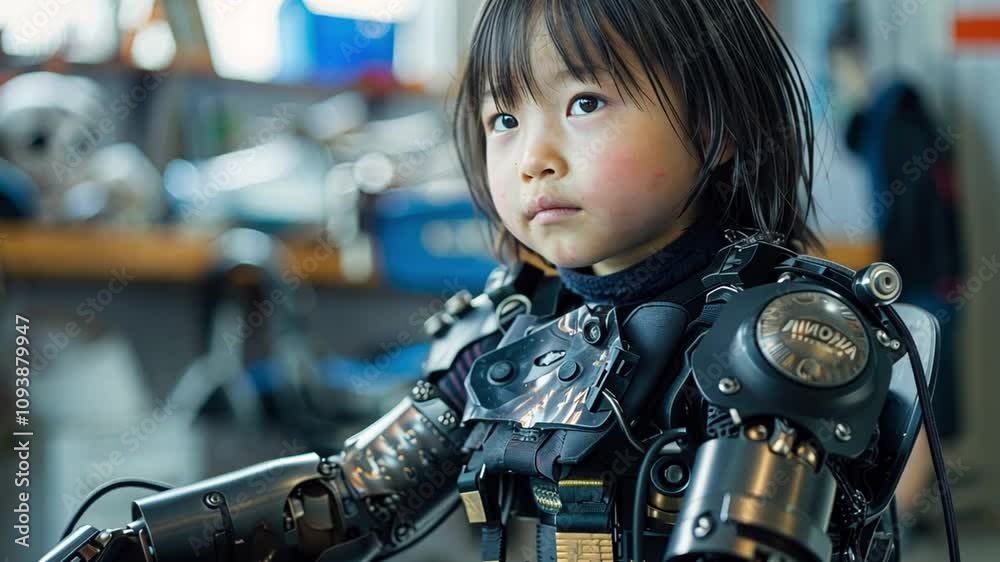 Poster the child is seated, wearing a robotic exoskeleton that enhances movement. they appear curious and f