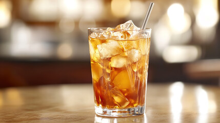 Refreshing Glass of Peach Iced Tea with Ice Cubes and Fresh Peach Slices