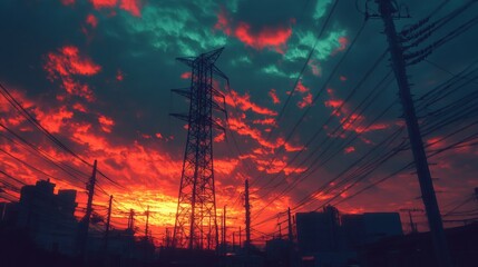 Naklejka premium Vibrant sunset sky over an industrial cityscape with power lines and buildings silhouetted against the fiery clouds.