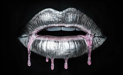 Shiny metallic lips with dripping pink liquid, creating a bold and edgy look against a dark background. Glamour and artistic expression concept.
