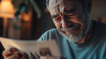 A man smiling with tears in his eyes, showing a mix of emotions, as he looks at a photo in his hands.