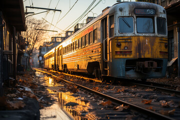 the yellow train is on the rails,. 