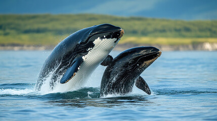 Obraz premium Romantic Scene of Two Whales Kissing in the Ocean, Displaying Love and Harmony in a Serene Marine Environment