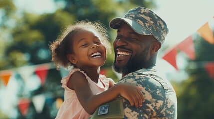 A military father lifting his daughter up in his arms, both of them laughing and hugging tightly, the reunion taking place outdoors with flags and banners in the background.
